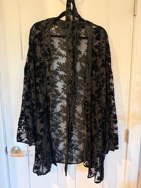 Sheer Black Floral Velvet Burnout Kimono